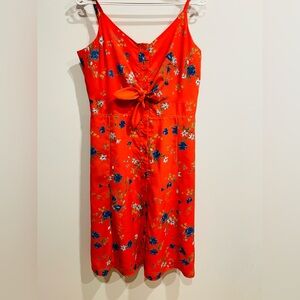 Vibrant Red Dress with Blue Floral Accents